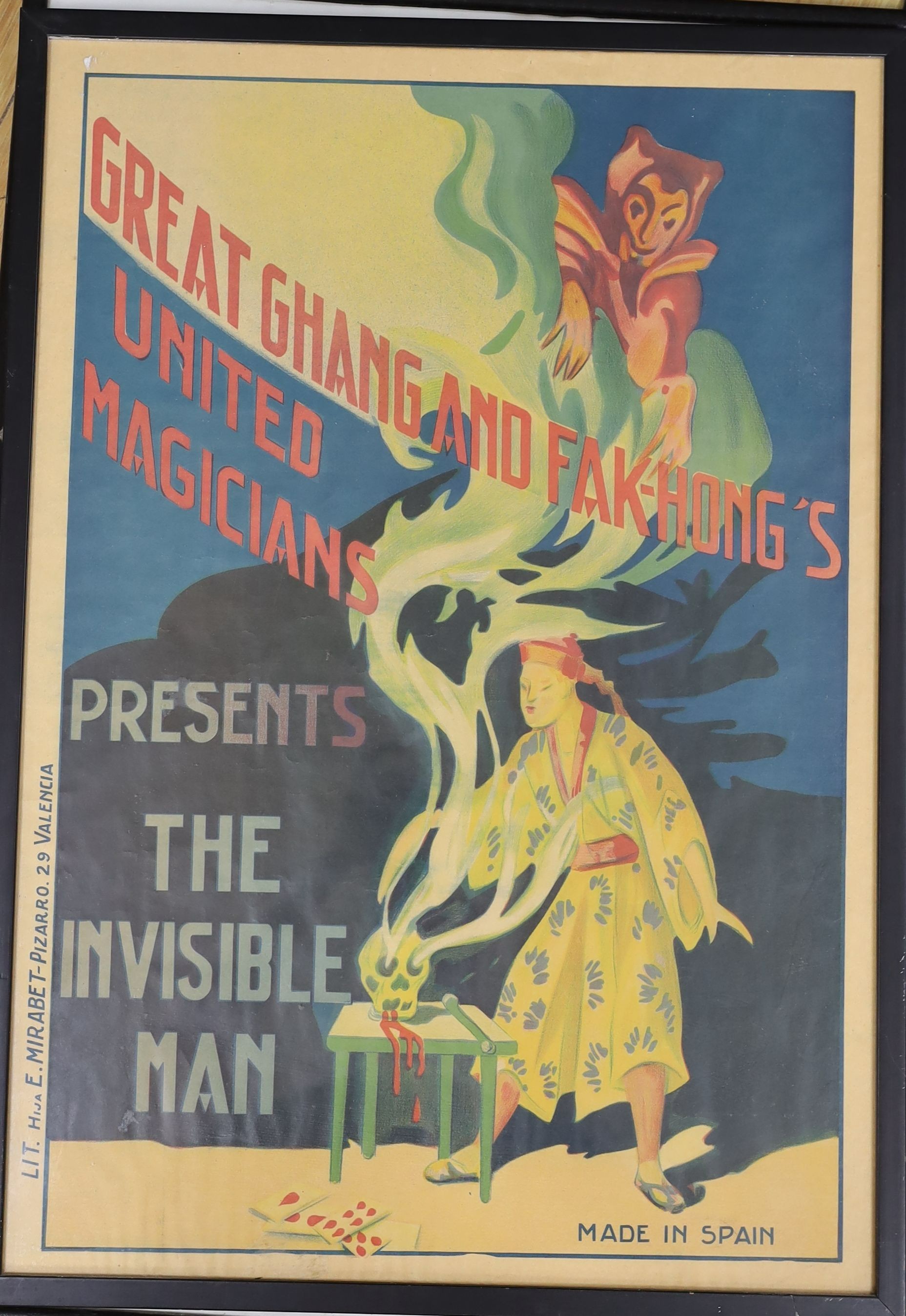 E.Mirabet lith. two colour lithographs, ‘Great Ghang and Fak-Hongs United Magicians presents The Invisible Man’, 63 x 43.5cm. and ‘Chang and Fak Hong’s United Magicians presents The Bhuda’, 63 x 44.5cm.